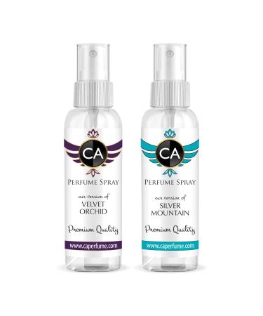 CA Perfume Impression of (Velvet Orchid + Silver Mountain) Travel Size Sample Fragrance Refillable Atomizer Long Lasting Eau de Parfum (Cologne) Sprayer / 2 Fl Oz/ 60 ml Velvet Orchid + Silver Mountain Water Impression