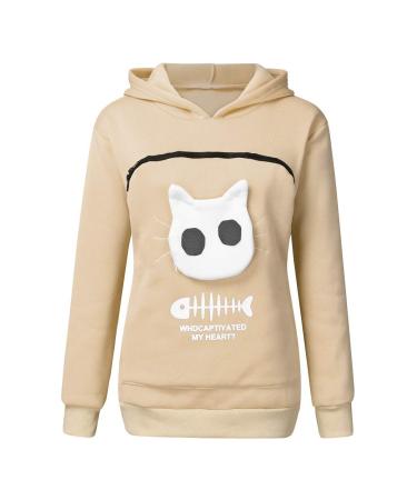 Women Long sleeve sweater hoodies with cat dog big bag cat bag sweater with zipper dog cat bag bag sweatshirt sweater hoodie women warm long -sleeved shirt cat sweater beige l