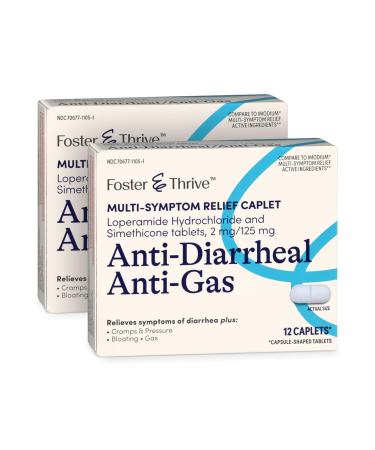 Foster & Thrive Anti-Diarrheal Anti-Gas Multi-Symptom Relief 24 Caplets with Loperamide Hydrochloride and Simethicone Treatment of Diarrhea Gas Bloating Cramps & Pressure 12 Caplets (Pack of 2)