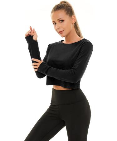 Chioni.od Women's Long Sleeve Black Workout Crop Top with Thumb Holes - Medium - Buy Online on GoSupps.com