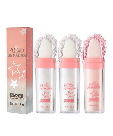 Body Glitter Highlighter Powder Stick  Polvo De Hadas Body Glitter Highlighter Makeup Sparkle High Gloss Shine Brighten Shimmer Patting Powder for Hair Face Eyes Body (2 White + 1 Pink)