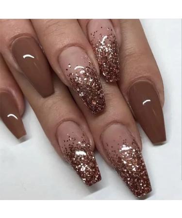 JUSTOTRY 24 Pcs Glitter False Nails Long Chocolate Brown French Press on Nails Patterns Ballerina Stick on Nails for Women Acrylic Coffin Fake Nails Medium with Glue for Nail Art brown&glitter1