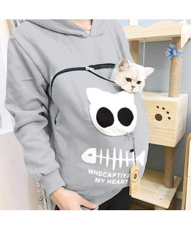 Womens Long-Sleeved Cat & Dog Hoodie Sweater with Big Bag - Cozy Zippered Sweater in Gray XL - Buy Online on GoSupps.com