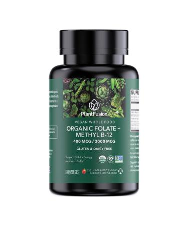 PlantFusion Organic Methylated Vitamin B Complex Vegan B12 3000mcg Folate 680mcg DFE B6 from Organic Sprouts Berry-Flavored Lozenges 60 Count