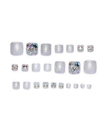 KKUUOO Square Silver Press On Toenails with Rhinestone Design - Short False Toenails for Women - Full Cover Glossy Acrylic Toenails - Summer Stick On Toenails (A11) - Buy Online on GoSupps.com