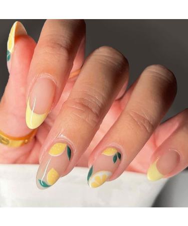 Summer Medium Lemon Press-On Almond Yellow False Nails - Full Cover Sticker with French Tips for Women and Girls - Buy Online on GoSupps.com
