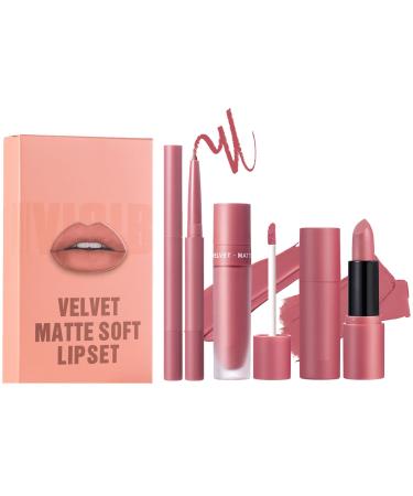 gifyym Lip Pencil and Lipstick Set 3 Long-Lasting Nude Lip Pencils | Highly Pigmented Velvet Lip Gloss Makeup Set | Natural Makeup Kit for