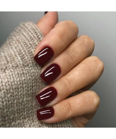 48PCS Reddish Brown Press on Nails Short Square Xcreando Acrylic Nails Fake Nails Set Stick on Nails Glue on Nails Short Nails False Gel Nails Stick on Nails for Women and Girls 48PCS square glossy wine red