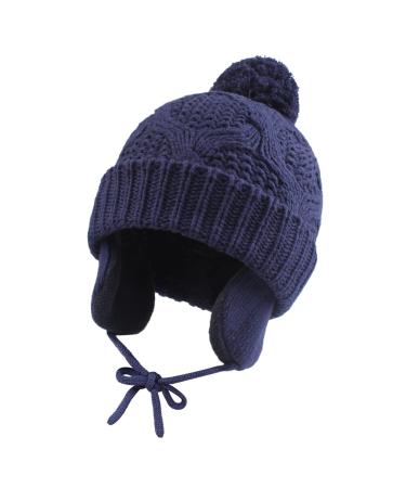 Pesaat Knitted Baby Winter Beanie Earflap Warm Hat for Infant Toddler Boys Girls Fleece Lined Beanies with Pompom 0-6 Months Navy