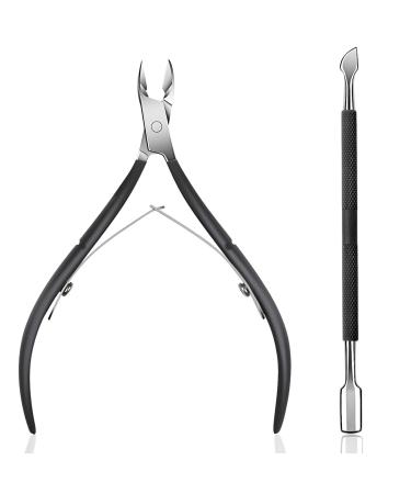 Cuticle Trimmer with Cuticle Pusher - Ejiubas Cuticle Remover Cuticle Nipper Professional Stainless Steel Cuticle Cutter Clipper Durable Pedicure Manicure Tools for Fingernails and Toenails Black Cuticle Nipper & Pusher