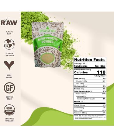 RawGuru Hemp Protein Powder - 16 oz (Pack of 2) - USDA Organic | Gluten-Free | Non-GMO | Vegan | Kosher | Plant Protein with Essential Amino Acids 1 Pound (Pack of 2) - Buy Online on GoSupps.com