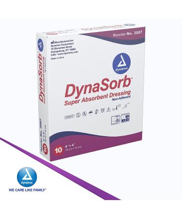 Dynarex DynaSorb Super Absorbent Dressings 4x4 | Sterile Wound Care, Waterproof, Non-Adhering | 10 Dressings Per Box - Buy Online on GoSupps.com