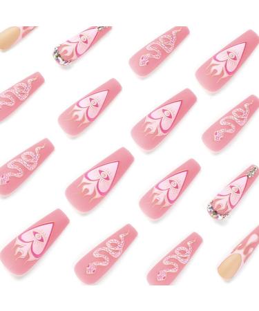 Justotry 24-Piece Diamante Coffin Nails Set - Snake & Pink Matte French Press-On Nails for Women - Ballerina Fake Fingernails - Buy Online on GoSupps.com