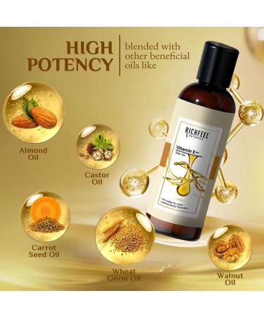 Richfeel Vitamin E Oil | Blend of Almond Wheatgerm Walnut & Carrot Oils | Physician Formulated | Antioxidant | Fight Dullness Damage & Ageing of Skin | Anti-Stretch Marks and Scars | 80 ML - Buy Online on GoSupps.com