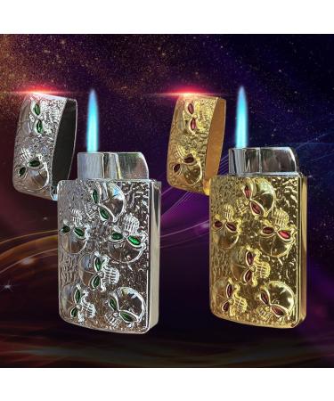 2 (Pcs) Metal Skull Jet Torch Lighter Refillable Butane and Adjustable Lighters Jet Flame Windproof Lighter Birthday Outdoor BBQ Candles (No Methane Gas)