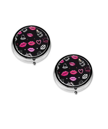 (Crown and Lips) Round Pill Box 3 Compartment Pill Box Mini Decorative Pocket Purse Portable Travel Medicine Tablet Vitamin Holder Organizer Pill Case Black