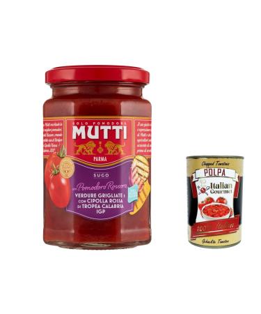 Italian Gourmet E.R. Mutti Sugo con Pomodoro Rossoro 3 grilled vegetables and red onion sauces Tropea Calabria pgi 280g + Italian Gourmet Polpa 400g