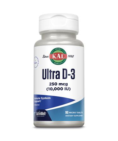 KAL Ultra Vitamin D3 250 mcg (10000 IU) High Potency Vitamin D Calcium Absorption Bone Health and Immune Support Supplement Instant Dissolve Unflavored ActivMelt 90 Servings 90 Micro Tablets