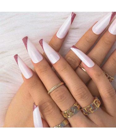 Sethexy long coffin false fingernails french ballerina false nails glossy nails tap 24st acrylic art press on nail tips for women and girls