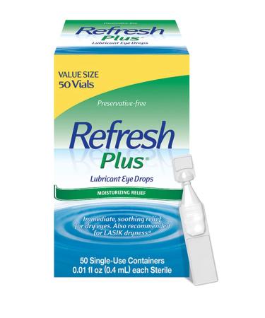 Refresh Plus Lubricant Eye Drops, Preservative-Free, 0.01 Fl Oz Single-Use Containers, 50 Count, Packaging May Vary 50 Count (Pack of 1)