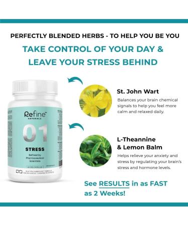 Refine Natural Stress Relief Supplement with L-Theanine and Herbals | Relaxation Support with Lemon Balm Extract St John's Wort | Calming Herbal Sleep for Adults Non-GMO 60 Vegetarian Capsules for Men and Women Made in Canada - Buy Online on GoSupps.com