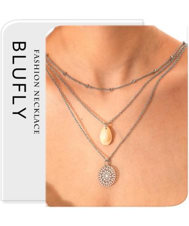 Layered Coin Pendant Necklace | Silver Shell & Beads Jewelry for Women | Boho Style Fashion - Buy Online on GoSupps.com