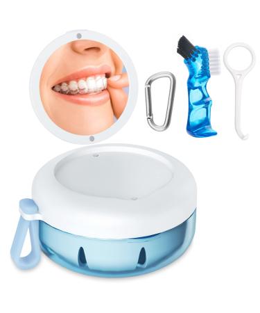 Denture Bath Case, Denture Cup, Leak Proof Portable Retainer Case, Denture Cleaning Kit with Cleaner Brush Carabiner, Denture Box with Strainer & Mirror, Denture Case for Aligner Retainer Mouth Guard White
