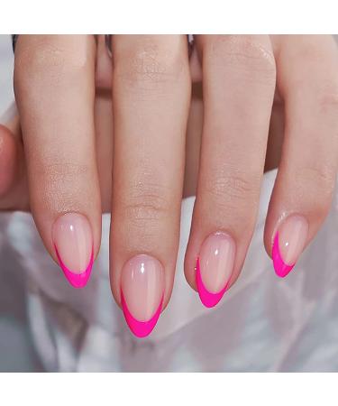 24Pcs Hot Pink French Tip Press on Nails Short Almond Fake Nails Reusable Acrylic False Nails Natural Nude Pink Full Cover Glue on Nails Glossy Artificial Nails Stick on Nails for Women Nail Decor Pink French Tip Press on Nails-2