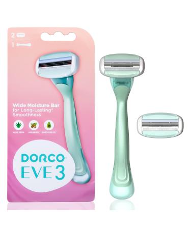 Dorco EVE3 Razors for Women for Extra Smooth Shaving (1 Razor Handle  2 Pcs Razor Blade Refills)  3 Curved Blades with Flexible Moisture Bar  Womens Razors for Shaving with Aloe Vera Moisture Bar  Interchangeable Cartrid...