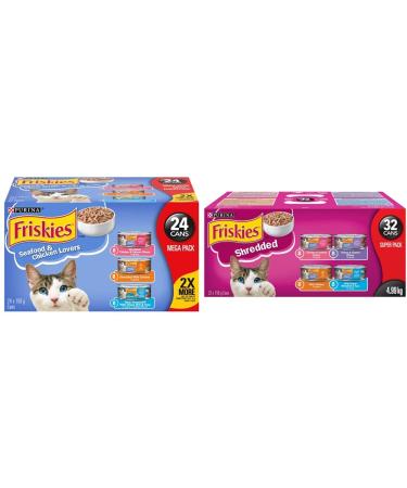 Purina Friskies Seafood & Chicken Lovers Wet Cat Food Variety Pack 24 x 156g Cans Brown (45078) & Purina Shredded Super Pack Cat Food 32 x 156g Cans 1 Case (Packaging May Vary) Cat Food + Cat Food Brown