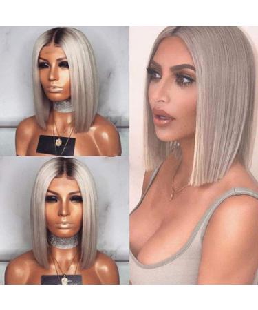 Short Lace Front Wig Dark Grey Bob Wig Human Hair Straight Bob Medium Size Cap Short Lace Wigs Bleached