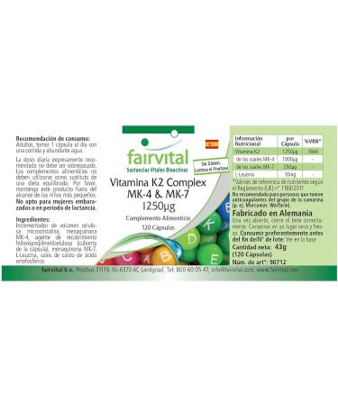 Fairvital | Vitamin K2 Complex - with 1.000mcg MK4 + 250mcg MK7 - Highly Dosed - 120 Capsules - Vegan - Buy Online on GoSupps.com
