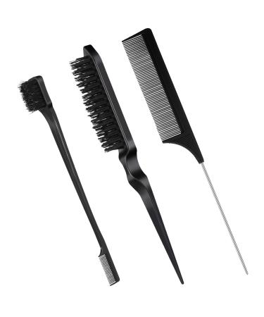 3 Pcs Hair Styling Comb Teasing Comb Set Professional Hair Styling Comb Kit Rat Tail Comb Brush Triple Teasing Comb for Men Women Teasing Slicking Brushing Combing Styling Hair (Black)