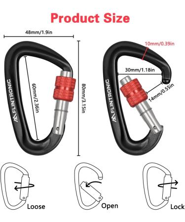Flintronic Twist Lock Aluminum Carabiner Hook - 12KN Black - Ideal for Hammocks Swings Camping & Fishing - Durable Outdoor Equipment - Buy Online on GoSupps.com