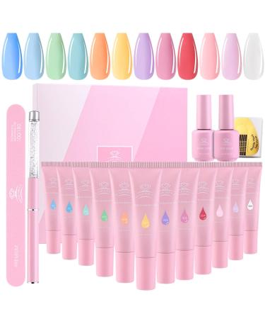 Makartt QikGel Nail Building Gel Kit Clear Pink Nail Builder Enhancement Gel All-in-one Spring Summer Gel Nail Builder French Set Nail Art Design Kit LED Lamp Required 12 Vibrant Color