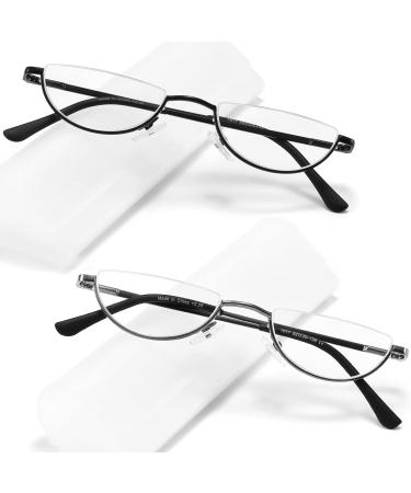 2 Pack Half Lens Reading Glasses Blue Light Blocking Half Moon Frame Semi Rim Spring Hinge Readers with Case for Men Women Black/Gunmetal +2.5 2 Pack (Black/Gunmetal) 2.5 x