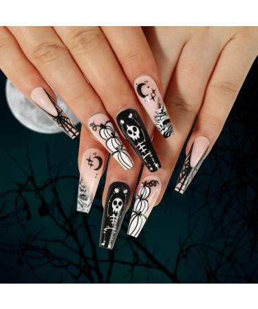 24x Long Coffin False Nails Halloween Skull Wearable French Ballerinas Fake Nails Press On Full Cover Manicure Nail Tips - Buy Online on GoSupps.com