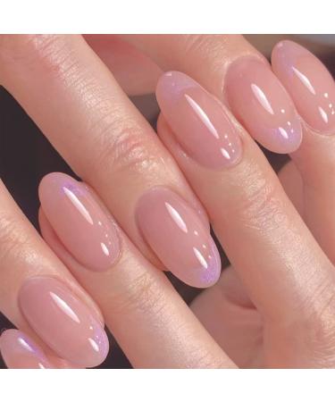 JUSTOTRY 24 Pcs Nude Oval Short False Nails Purple Glitter French Press on Nails Pattern Round Fake Nails Short with Nail Glue Almond Medium Stick on Nails for Women Nails Fake Nail for Nails Art Purple Glitter 1