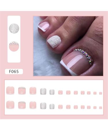 VOTACOS French Tip Press On Toenails - 24PCS Short Square Fake Toeails with Bling Rhinestone Designs for Women - Nude Full Cover Glossy Acrylic Toenails - X31 D4 - Buy Online on GoSupps.com