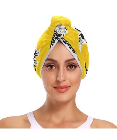 Black Cheetah Yellow Hair Towel 2 Pack Super Absorbent Hair Drying Towel Quick Dry Hair Turbans Head Towel with Button Twisty Wrap for Women Girls