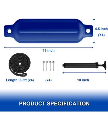 Turmaster Boat Fenders 4 Pack 4.5'' x 16'' - Ribbed Twin Eyes Bumpers for Docking - Inflatable Marine Boat Bumper Set - Buy Online on GoSupps.com