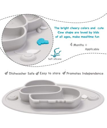 Silicone Divided Toddler Plate | Non-Slip Suction Placemat for Kids | BPA-Free Baby Dinner Bowl | Cow-Gray - Buy Online on GoSupps.com