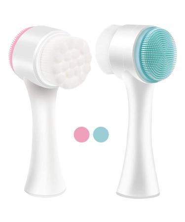 Facial Cleansing Brush 2 Pcs 2 In 1 Face Brush 3D Facial Brush with Soft Bristles Double Sided Silicone Wash Brush Exfoliating Brush for Deep Cleansing Removing Blackhead and Massaging (PINK & BLUE)
