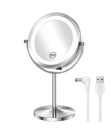 Benbilry LED Makeup Mirror with Lights and Magnification  1x/10x Magnifying Lighted Magnifying Vanity Mirror  Dual Power Supply 360  Swivel Standing Shaving Mirror Bathroom Light Up Mirror (Silver)