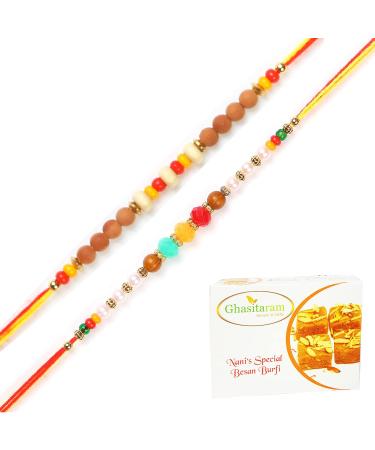 Ghasitaram Gifts Rakhi for Brother Rakhis Online - Set of 2 6045 6082 Rakhi Threads with 400 GMS of Besan Barfi