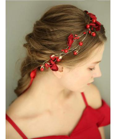 Floral Red Headband Crystal Gold Hair Vine for Wedding Bride - Boho Hair Accessory with Pearl Rhinestone Detailing - Buy Online on GoSupps.com
