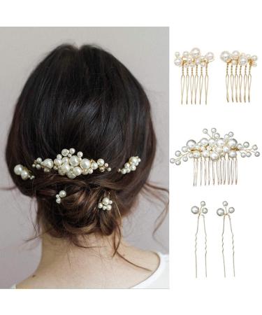 Prosy 5 Pieces Bridal Wedding Pearl Hair Comb and Hairpins Gold Bridal Hair Accessories Headpiece Hair Jewelry for Women and Girls