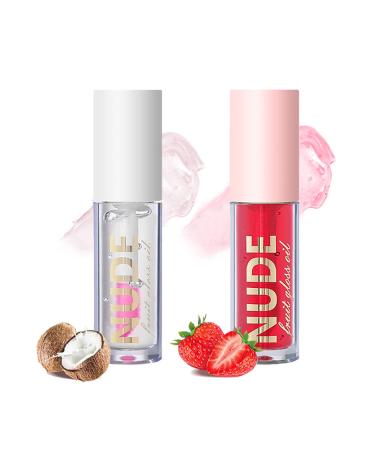 NVLEPTAP 2PCS Moisturizing Lip Gloss Lip Glow Oil Color Changing Lip Oil Hydrating Plumping Lipgloss Clear Lip Balm Lip Gloss Oil Tinted for Lip Care and Dry Lips - 01Coconut & 02Strawberry 01Coconut + 02Strawberry