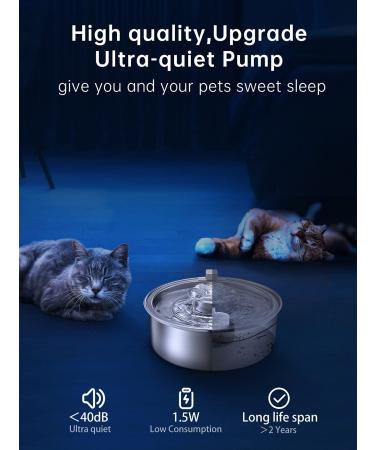 Stainless Steel Cat Water Fountain 2.0L/67oz - Ultra-Quiet Pump, LED Light, Dishwasher Safe - Ideal for Puppy and Cat - Buy Online on GoSupps.com