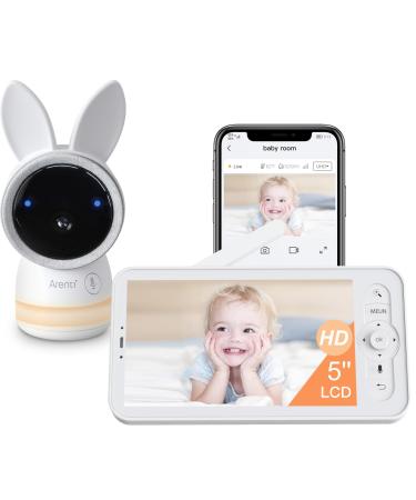 ARENTI Baby Monitor with Camera and Night Vision 2K Video with 5" Screen Rechargeable Battery App Control Crying Detection Temp and Humidity Sensor Night Light 2-Way Audio 4x Zoom White